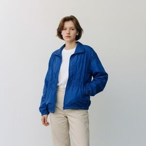 Vintage Sports Accent Blue Crinkle Windbreaker Jacket Large Retro 90s Y2K